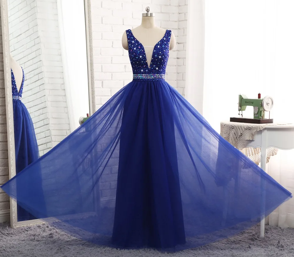 JaneVini Vestidos роскошный хрустальный Королевский синий бисер платье для матери невесты линия глубокий v-образный вырез открытая спина шифоновый халат Arabe Longue