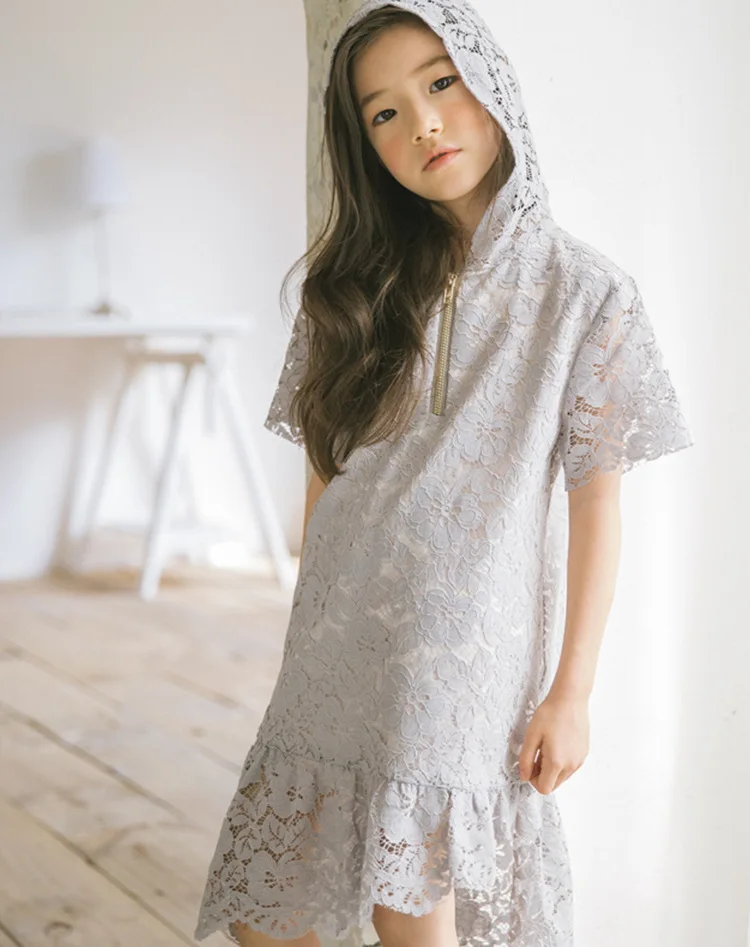 hooded lace asymmetrical children dresses summer 2018 new short sleeve baby girl dress kid clothing princess dress for big girls (8)