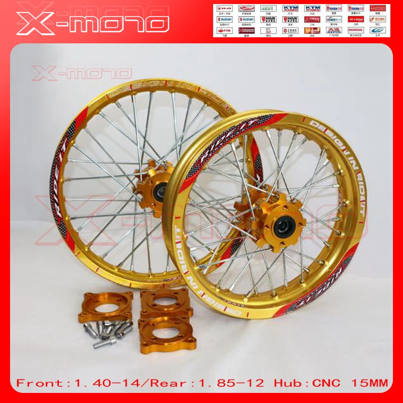15mm Front 1.60-14" Rear 1.85-12" Alloy Wheel Rim CNC Hub For KAYO HR-160cc TY150CC Dirt / Pit bike 12 14 inch Gold wheel