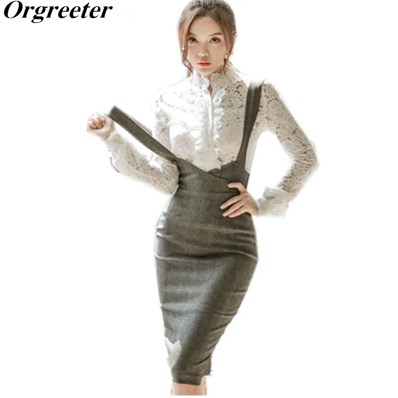 

Orgreeter 2018 Winter Suits Women White Ruffles Long Sleeve Lace Top + Bodycon Pencil Suspender 2 Pieces Sets Sexy Party Dress