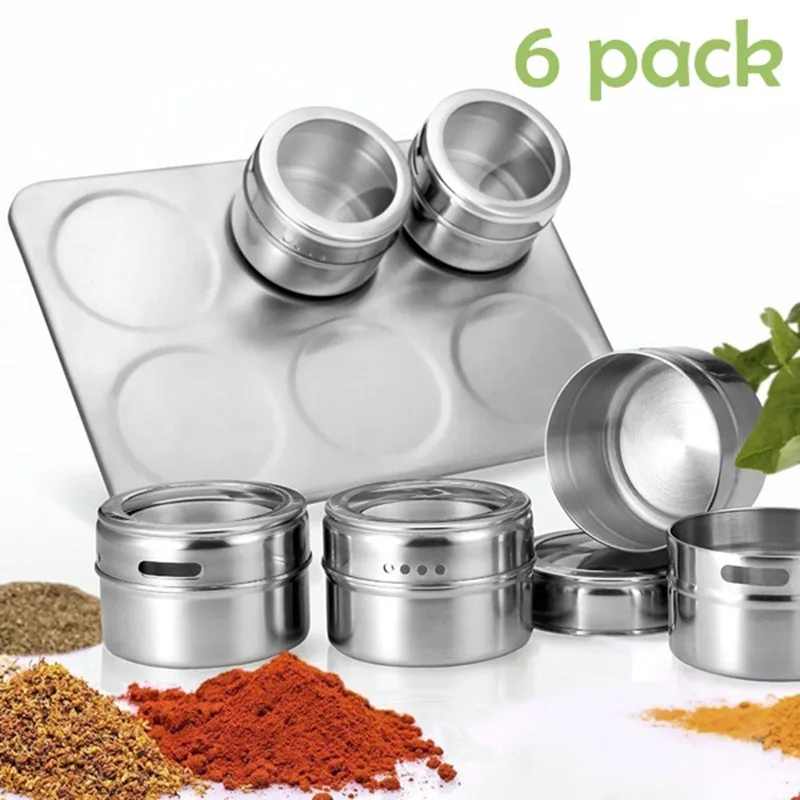Original 6pcs Stainless Steel Magnetic Seasoning Pot Cruet Condiments Spice Rack Pots Set For Spice Pepper Shakers Kitchen Tools