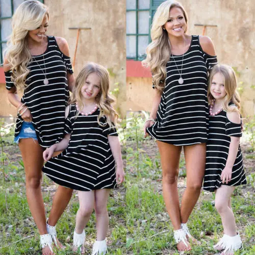 

Family Mother and Daughter Matching Blouse Striped Black Cold Shoulder Clothes Girls Daughter Outfits