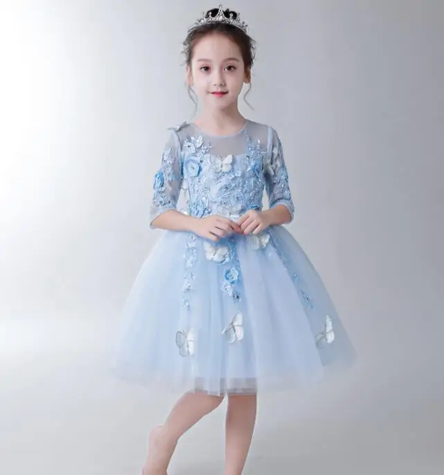 Обувь для девочек Первого Причастия Vestidos светло голубой Пышное вечернее платья принцессы бисером бабочка тюль платье с цветочным узором - Цвет: Небесно-голубой