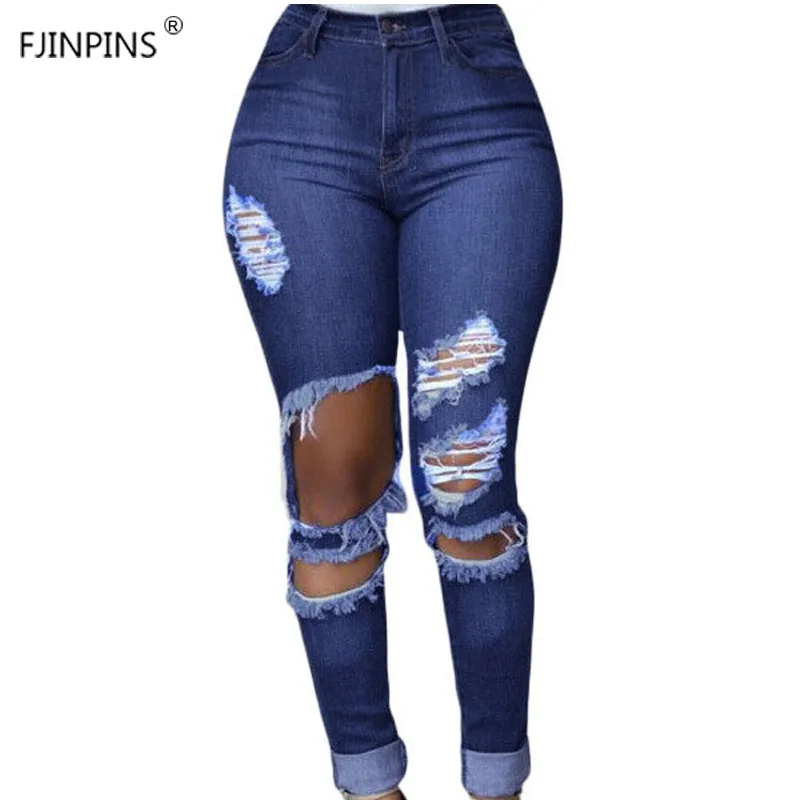 

Plus Size Ripped Jeans for Women Elastic Pencil Pants Trousers Denim Cotton Destroyed Sexy Bagger Ladies Jeans