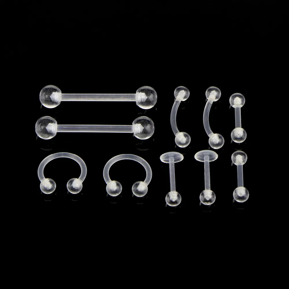 

10Pcs/Set Newest transparent Nose Ring Body Piercing Stud Screw BioFlex Nose with Bezel Set Gem UV Acrylic Body Jewelry