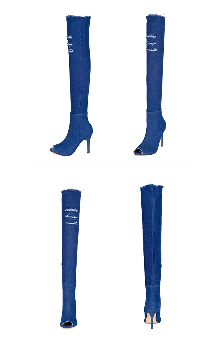 Сапоги aphixta, женские джинсовые сапоги выше колена, сапоги на высоком каблуке-шпильке 10 см, на молнии, острый носок, открытый носок, обувь для девушек размера плюс 42