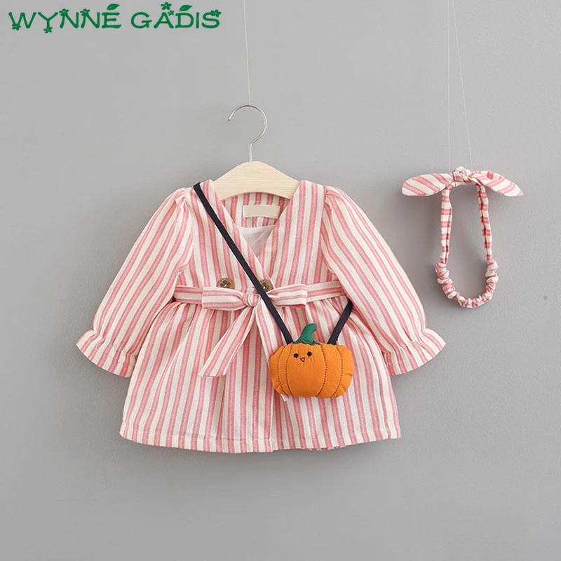 

Spring Autumn Infant Girls Long Sleeve V Neck Striped Pleated Tutu Baby Kids Dress + Bow Headband + Bag vestido infantil