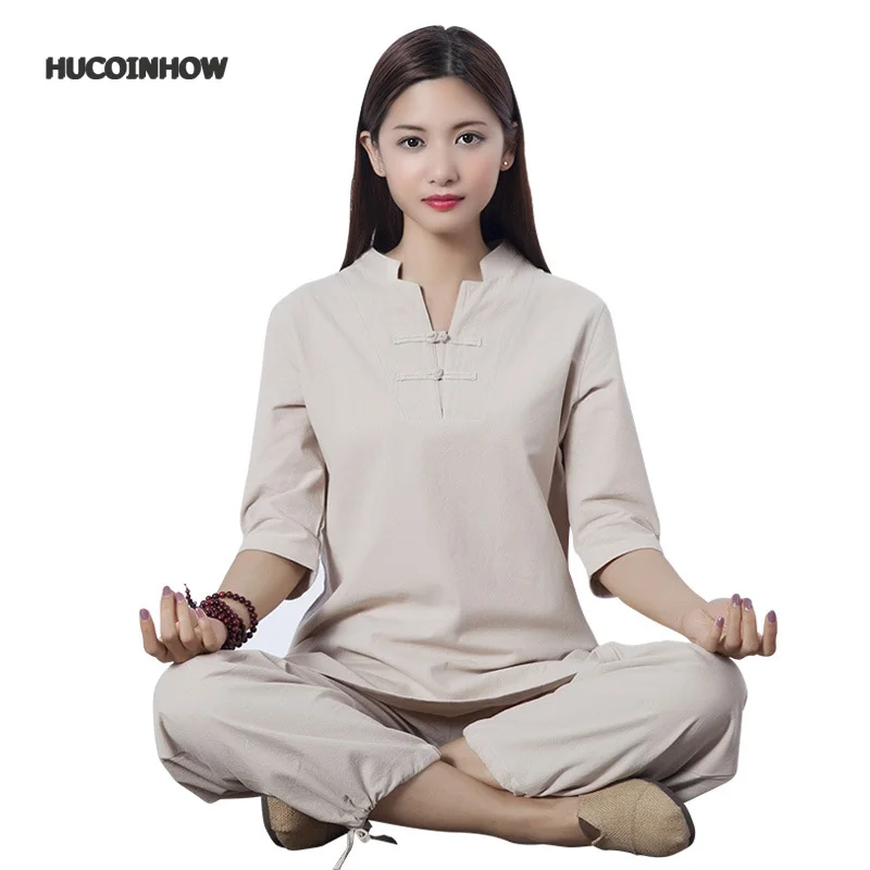 

HUCOINHOW 2PCS/Set Women Fitness Suit Outdoor Sports Cotton and Linen Yoga Set Lay Buddhists Meditation Suit Women's Tracksuit