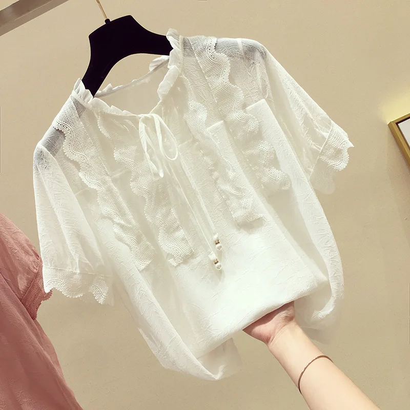 

New summer women girl Cute sweet chiffon Blouse bow collar short sleeve Blouse Tops candy color elegant blusa for woman