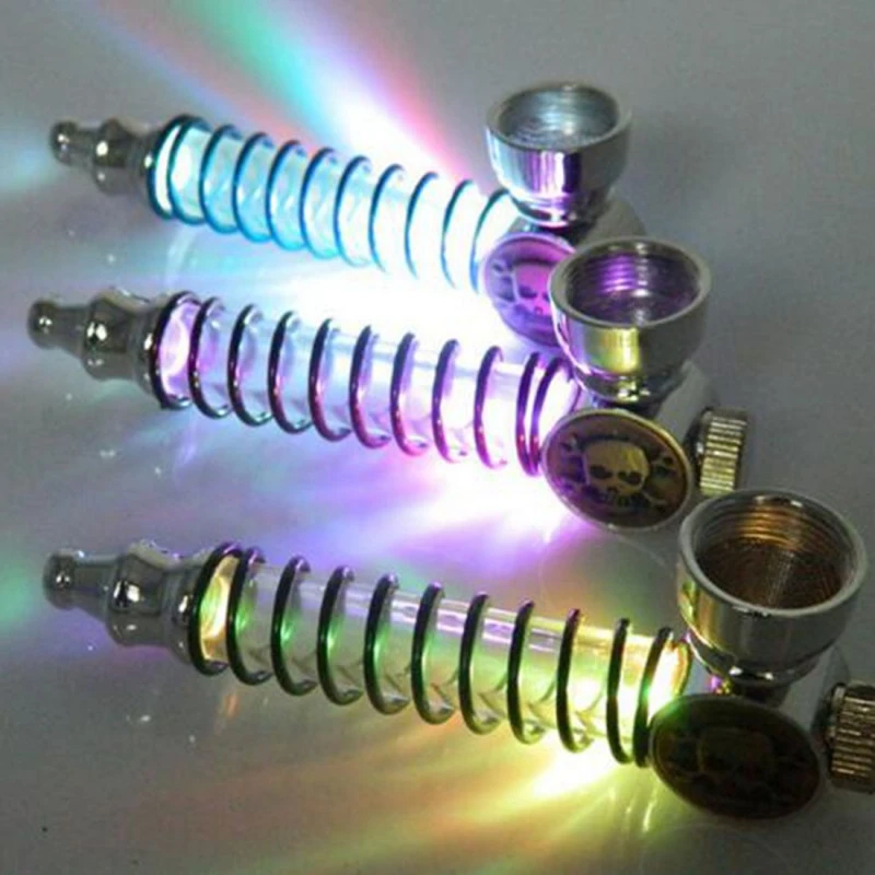 

Fashion Light Spring Tube LED Light Metal Smoking Herb Pipe Portable Tobacco Pipe Random Color