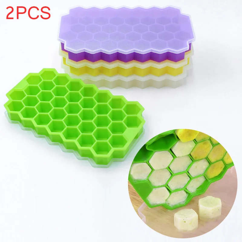 

2Pcs Ice Cube Trays Silicone Mold with Lid Flexible 37 Cubes Storage Container for Cocktail Whiskey LBShipping
