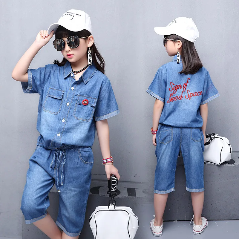 

Big virgin Children's gilrs summer clothing Embroidery denim jeans 2 two pieces set sets suit for girls clothes Teens