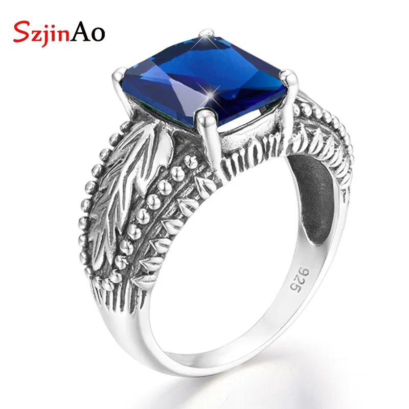 SzjinAo Vintage Square September Birthstone Sapphire Ring Solid 925 Sterling Silver Wedding Rings For Women Valentine's Day Gift