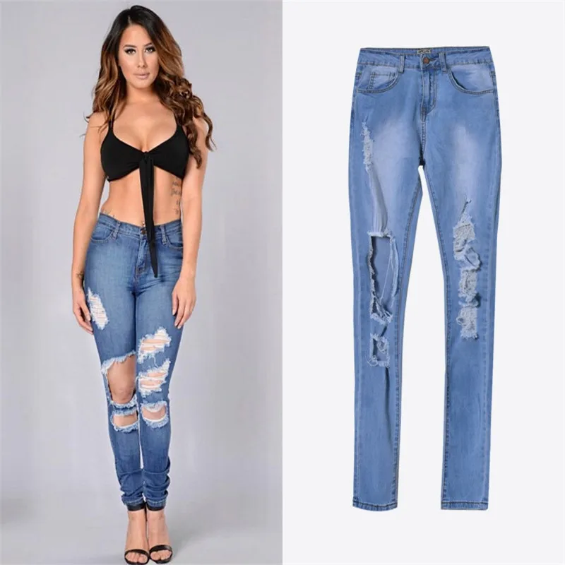 Women s high waist Slim stretch jeans personalized Washed holes irregular cowboy pants large size Fashion