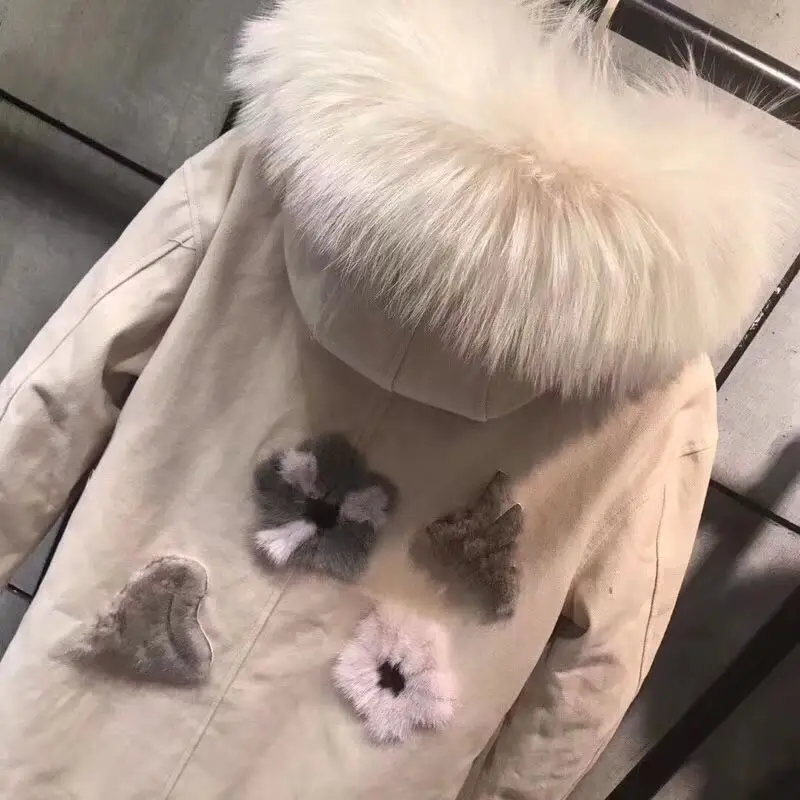 Back Mink Fur Flowers Embroidery Women Winter Jacket Coat Detachable Rex Rabbit Fur Liner Long Real Fur Parka