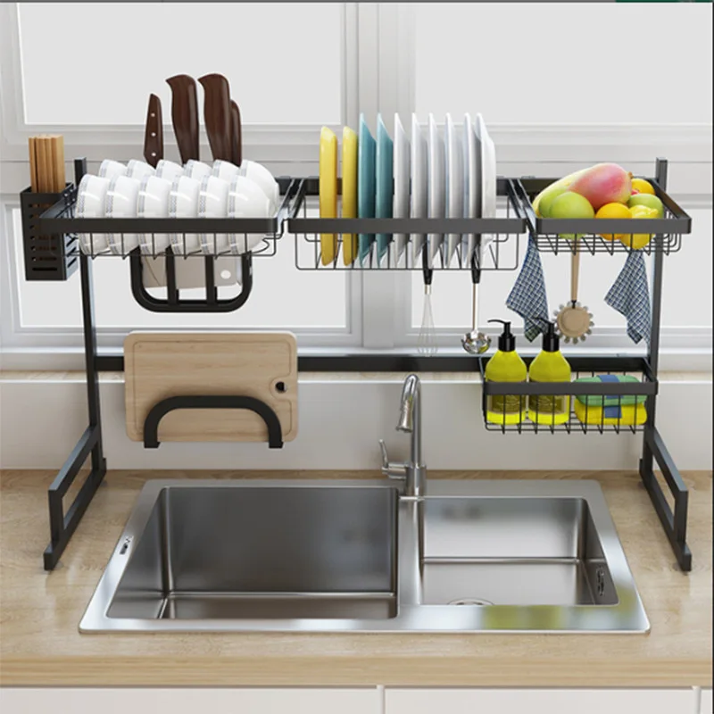 

Hot Black 65/85cm Stainless Steel Kitchen Dish Rack U Shape Sink Drain Rack Two layers Shelf Kitchen Supplies Storage Holder