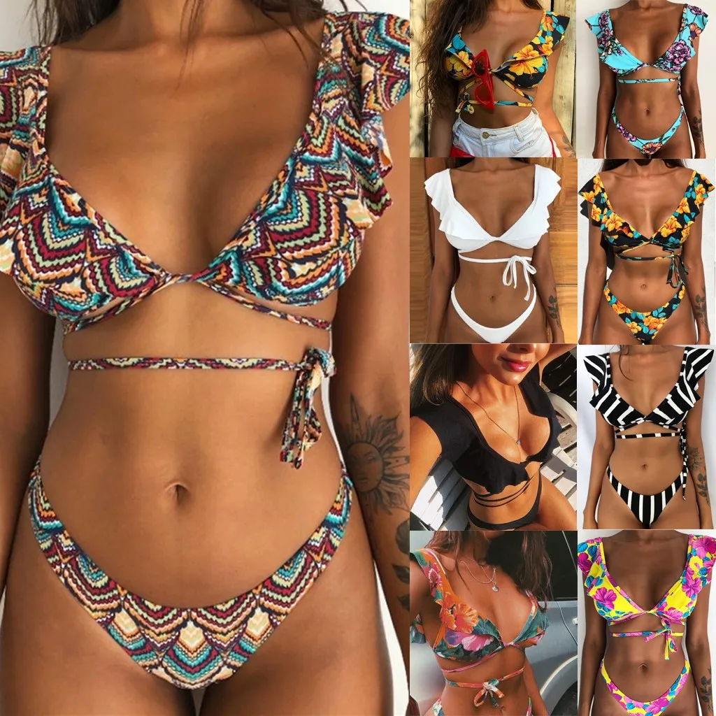 

Summer Women Retro Flounce Bandage Print Black Blue Bikini Halter Neck Bikini Two Piece Swimsuit Mid Waist Two Pieces Swimwear