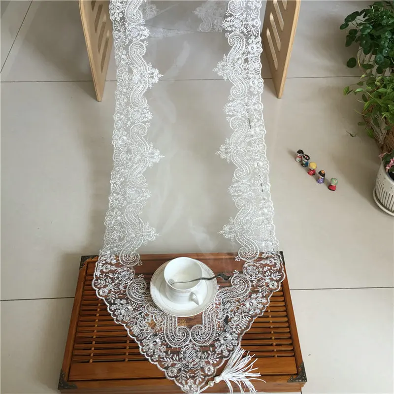 Embroidered Lace Table Runner TV Bench Stand End Table Cover Decoration 39.5 x 225cm 40cm x 250cm White Embroidered Lace Table Runner TV Bench Stand End Table Cover Decoration 39.5 x 225cm 40cm x 250cm White