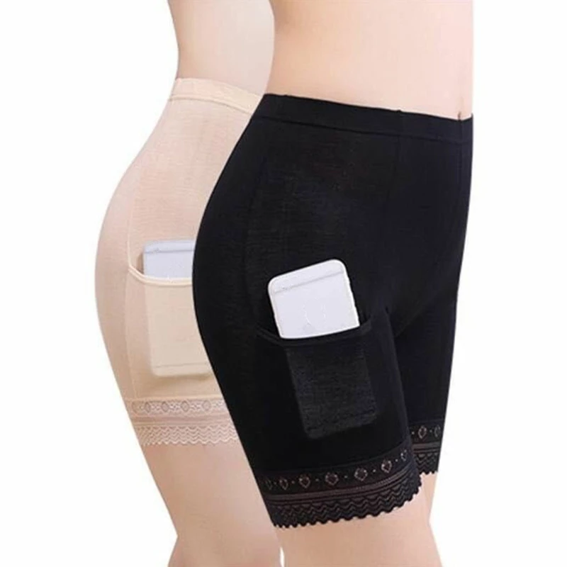 

Womens Safety Pants Underwear Shorts With Pocket Lace Trim Solid Color