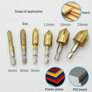 

8pcs 5 Flute Chamfer Countersink 1/4" Hex Shank 90 Degree Wood Chamfering Cutter Chamfer Countersink Drill Bit 6mm-19mm