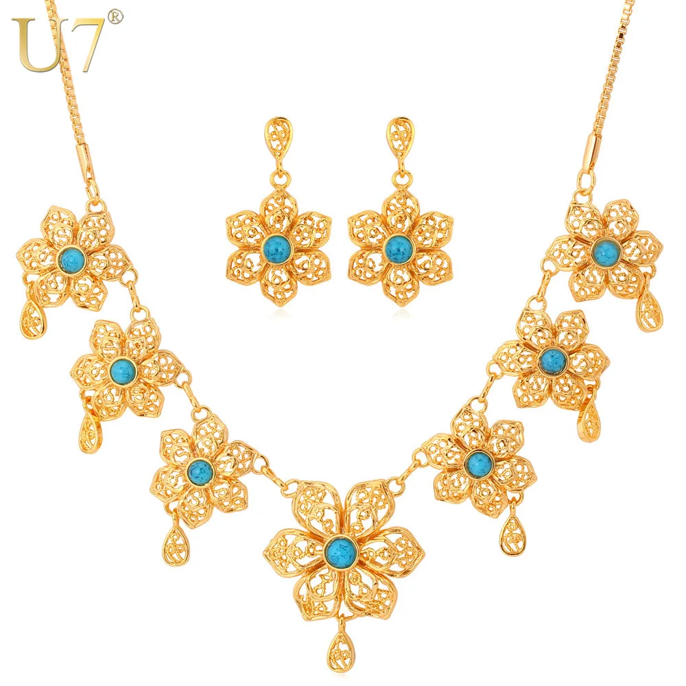 U7 Necklace Set Gold Color Blue Stone Romantic Flower Party Necklace Earrings Jewelry Set For