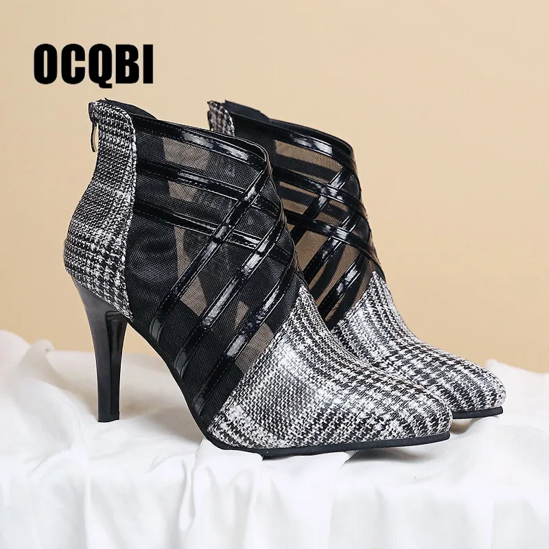 

Pointed toe mesh short boots women 2019 new hollow stiletto heel zipper summer and autumn breathable sandals Female single boots