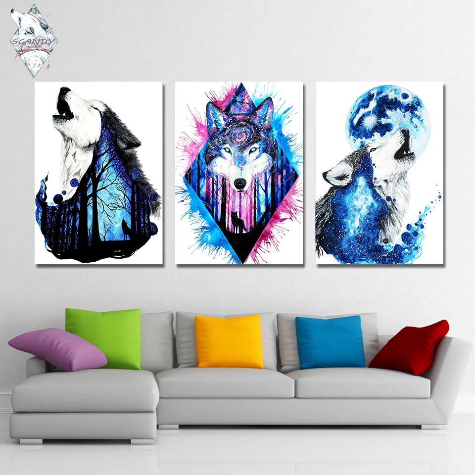 Fighting Wolf Warrior Wildlife 3 PCS Canvas Print Wall Picture Poster Home Decor