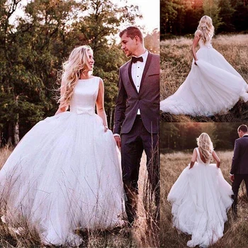 

Elegant Tulle & Satin Bateau Neckline V-cut Back A-line Wedding Dresses With Bowknot Outside Bridal Dress Elegant