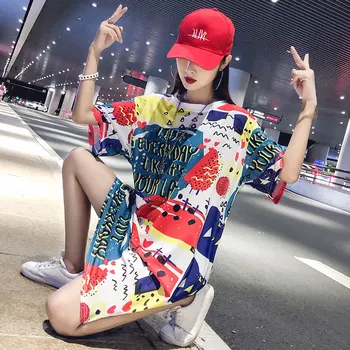 

Short-sleeved female 2019 new quick-drying mesh t-shirt skirt long section summer personality printing loose t-shirt female