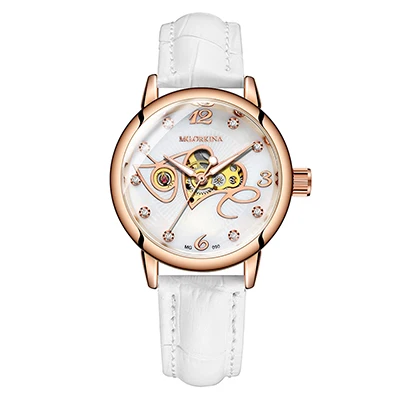 Fashion Casual Chic Ladies Watch Automatic Women Wristwatch Mechanical Skeleton Dial Female Clock Leather Band Montre Femme - Цвет: 090 White