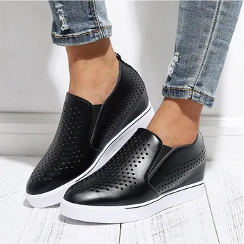 

Women Hollow Out Wedge Platform Vulcanized Shoes Elastic Band Ladies Height Increasing Female Fashion Loafers Casual Autumn 2019