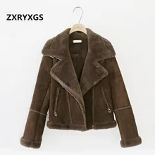 Новое осенне-зимнее замшевое мотоциклетное пальто женская одежда утепленная короткая куртка с отворотом одно пальто с мехом модное пальто для отдыха