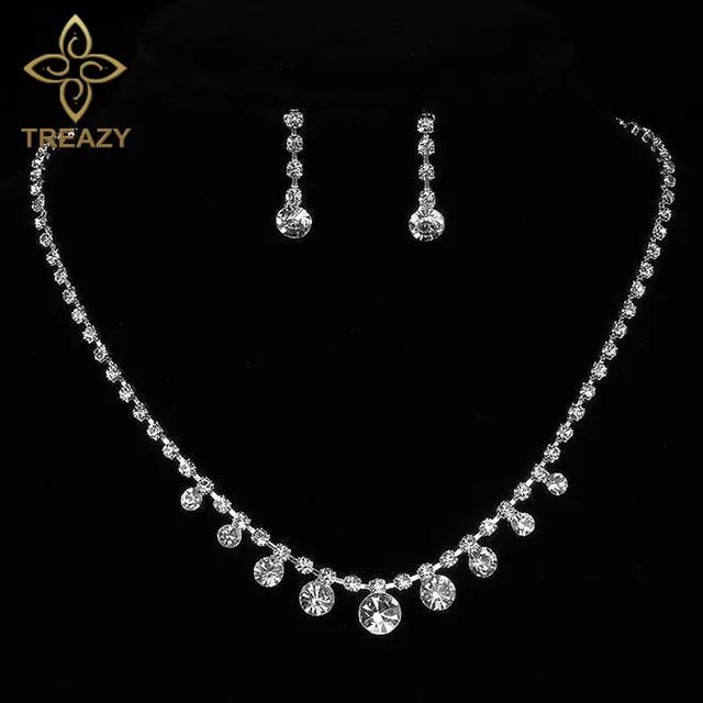 Treazy Women Elegant Crystal Drop Necklace Earrings Set Sparkling Treazy Women Elegant Crystal Drop Necklace Earrings Set Sparkling Silver Color Wedding Bridal Bridesmaid Jewelry Sets