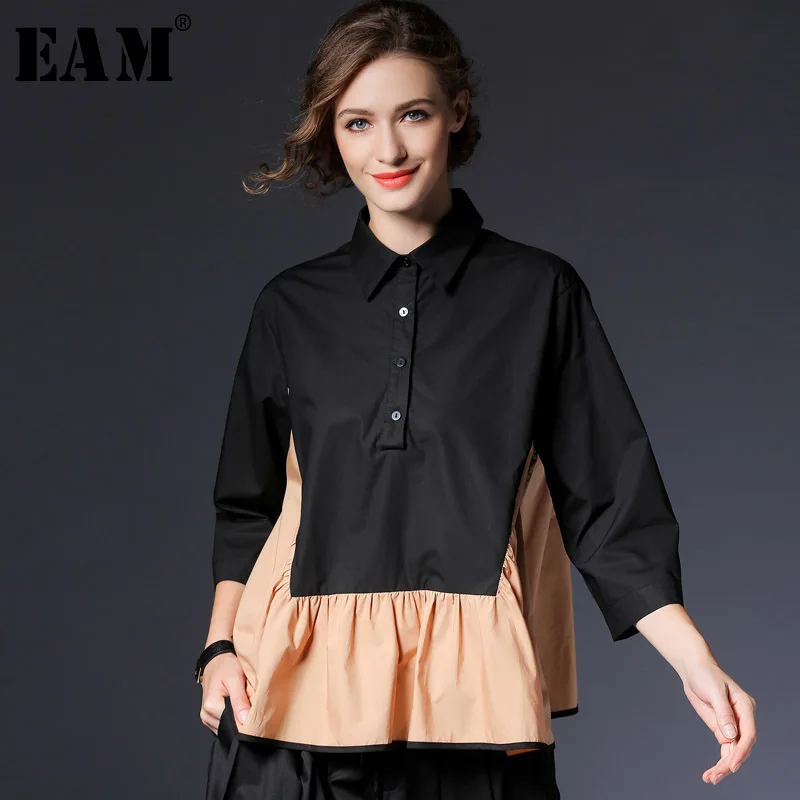 

[EAM] 2019 New Spring Lapel Three-quarter Sleeve Hit Color Red Fold Split Joint Loose Shirt Women Bouse Fashion Tide JG454