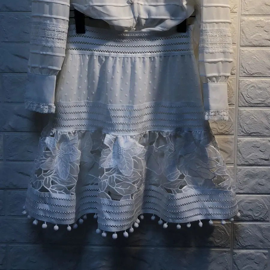 Г. Весенняя дизайнерская новинка, белая рубашка с длинными рукавами и оборками кружевная мини-юбка комплект из 2 предметов, блуза Топ, короткая юбка
