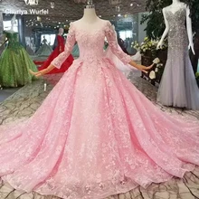 LSS162 розовое вечернее платье с длинными рукавами и круглым вырезом, со шнуровкой сзади, праздничные платья на заказ для девочек, размер, платье для свадебного торжества со шлейфом