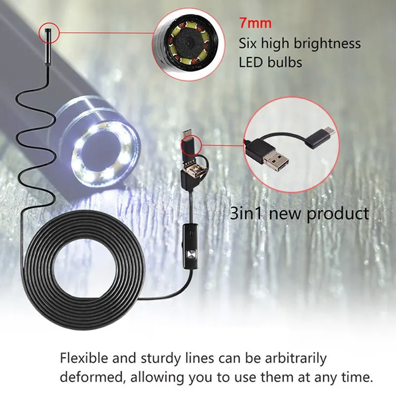 VicTsing 5 м 7 мм эндоскопа Камера Wi-Fi 3-в-1 Android Тип-C USB бороскоп 6 светодио дный змея Камера для Mac ОС Windows ремонт автомобилей Инструменты