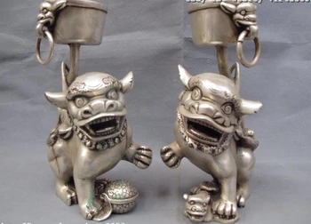 

Chinese Royal White Copper Silver Evil Foo Dog Lion Kylin Kilin Candlestick Pair