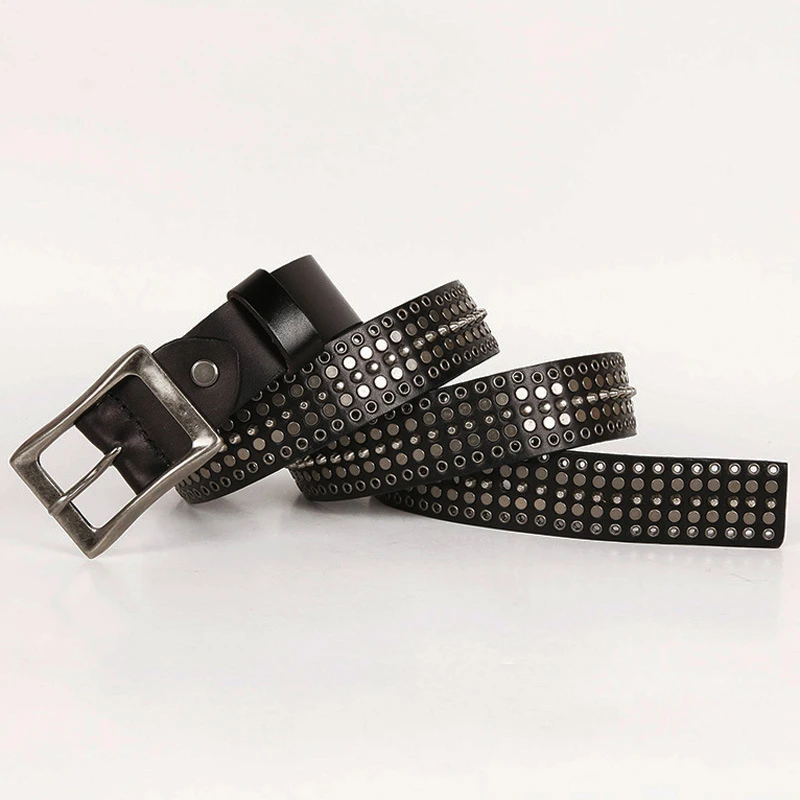 3.4CM Genuine Leather Cowboy Belt Buckle Vintage Metal Rivet