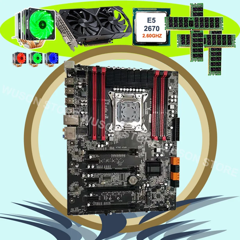 ^Cheap Discount motherboard with 8 RAM slots Runing X79 motherboard CPU Xeon 2670 2.6GHz cooler 4*16G 1600 RECC video card GTX1050TI 4G
