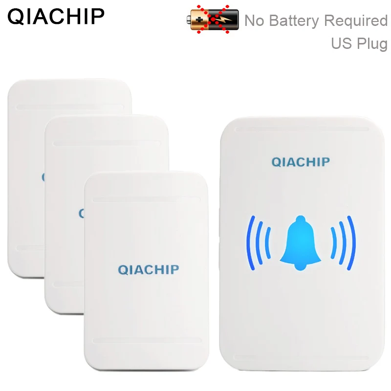 

QIACHIP IP66 Weatherproof Wireless Self-powered Doorbell 150 M Remote US Plug Smart Door Bell Receiver AC 220V 4 Volume Levels