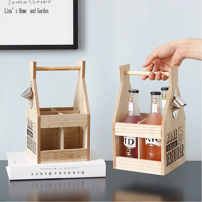 primitive 4 bottles wood wine carrier basket with bottle opener (3)