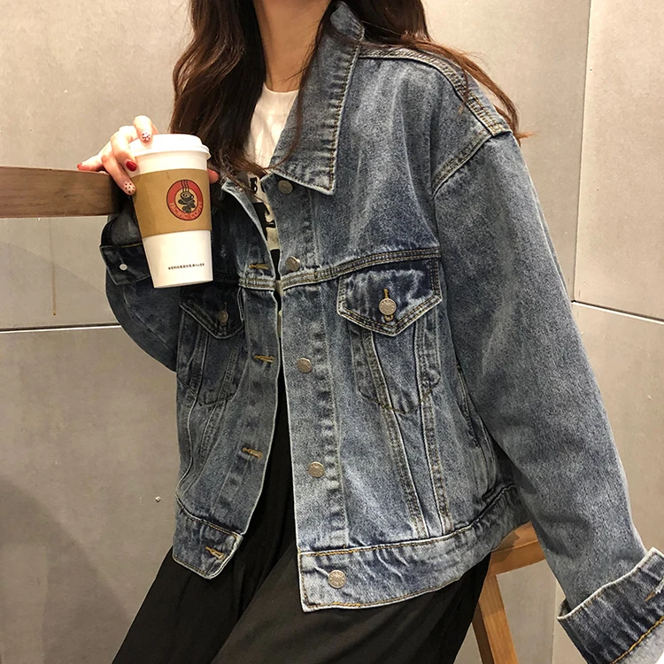 

2019 Denim Jacket Women Harajuku Spring and Summer Old Washed Ripped Jeans Oversized Loose Denim Jacket