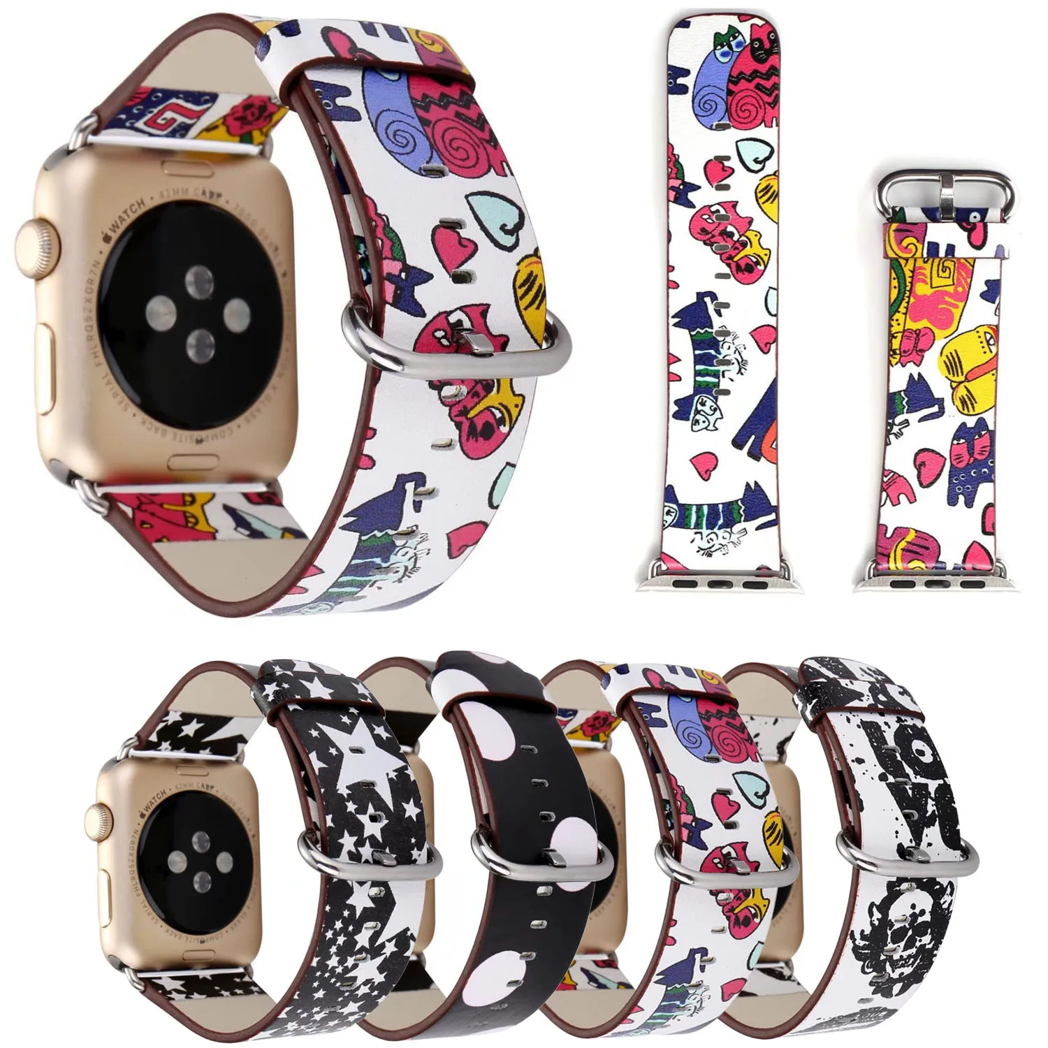 Кожаный ремешок для часов Apple Watch 38 мм 40 42 44 Серия 1 2 3 4 5 кошачий череп звезды