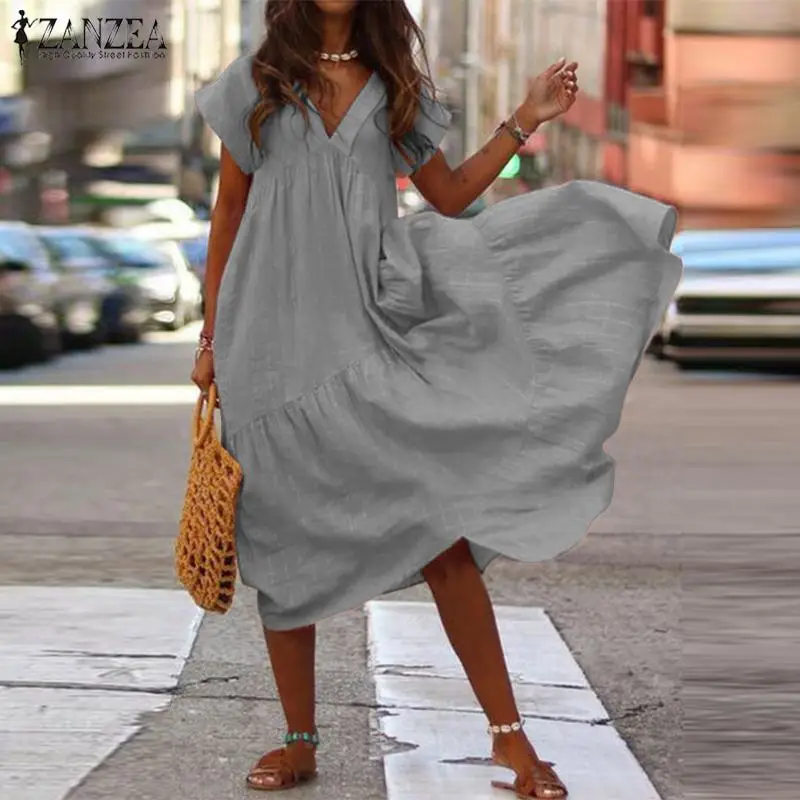 Модная туника Макси платье женский летний сарафан ZANZEA сексуальный v-образный вырез Асимметричный Vestidos женский размера плюс халат с оборками
