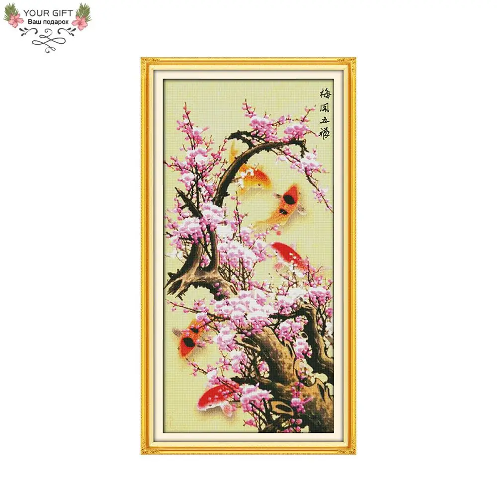 

Joy Sunday Blooming Plum Flower with Five Fishes Home Decor H310(3) 14CT 11CT Counted Stamped Flowers Animal Cross Stitch kits