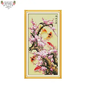 

Joy Sunday H310(3) 14CT 11CT Counted and Stamped Home Decor Blooming Plum Flower with 5 Fishes Cross Stitch kits