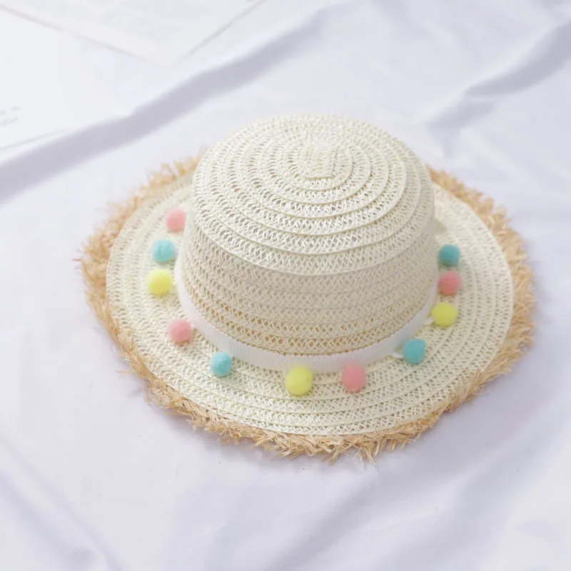 

Newly Girls Summer Straw Hat Wide Brim Tassel Balls Floppy Panama Cap for Beach BFE88