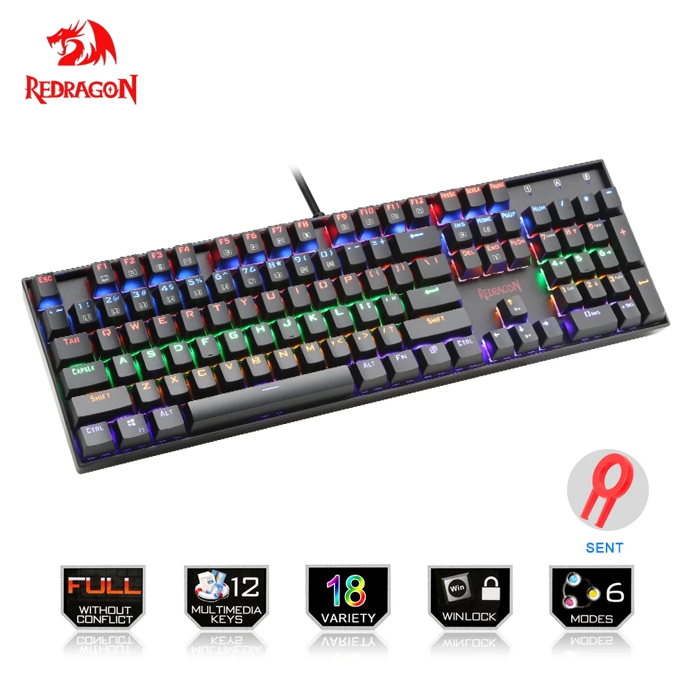 

Redragon Rainbow USB mechanical gaming keyboard ergonomic LED backlit keys Full key anti-ghosting 104 keys PC Computer Game