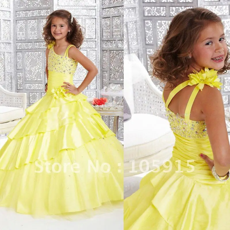New Arrival Yellow Straps Sleeveless Floor-Length Hand-made Flower Artificial Stone Ball Gown Girl Dresses Organza HL-214 | Свадьбы и